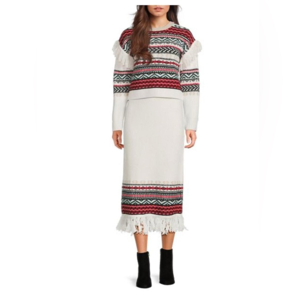 Cream Patterned Fringe Knit Skirt - Women